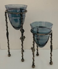 Vintage Pair Twisted Brass Stands w/Leaf Accents & Blue Glass Votive Holders picture
