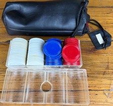 Vintage Poker Chip Set Red White Blue W Chips Tray Drawstring Case picture