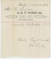 1889 B. F. Purdy Billhead Boston Massachusetts Steam & Gas Fitter Plumbing picture