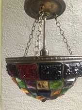 Antique Circa 1930’s 1940’s MCM Brutalist Chunk Glass Ceiling Hanging Light picture
