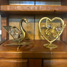 Vintage Pair Mascot 24K Gold Plated Heart Butterfly Crystal Figurine Suncatchers picture
