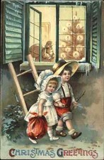 Christmas Santa Claus Children Bonnet Ladder Embossed c1900s-20s Postcard picture