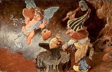 Cupid & Gnome Forging Hearts Fantasy Blacksmith c1900s-10s Vintage Postcard bhn picture