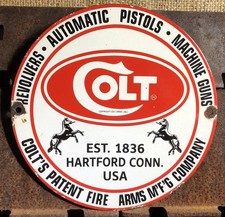 VINTAGE 1961 DATED COLT FIREARMS REVOLVERS PISTOLS GUNS 10” PORCELAIN GAS SIGN picture