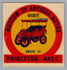 1948 Princeton Mass Museum of Antique Autos Route 31 Vintage Sticker Decal picture
