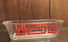 2 Vintage Glasbake Glass Loaf Pan Dish Casserole Atomic Star Gold Red USA MCM picture