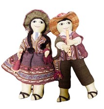 VINTAGE 80s Set Of 2 Peruvian Andean Folk Art Cloth Dolls | Mom w/ Baby + Father picture