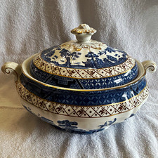 Vintage Booths Real Old Willow Round Covered Vegetable Tureen Lid Gold Trim Blue picture