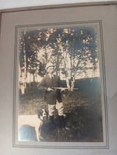  Cabinet Card Photo Hunter w/dog Gun 1900 Stylish Hunting Garb Birch Trees Lake picture