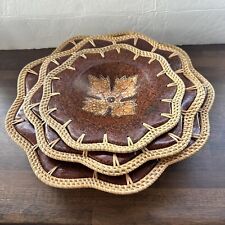 3 Leather Look Clay Pottery Bowls Basket Weave Scalloped Edge Jamaica Leaf picture