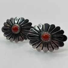 Vintage Federico Jimenez Sterling Silver Red Coral Concho ClipOn Earrings Signed picture