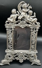 Antique Ornate Cast Metal Picture Frame Silver Easel Back Cherub Koi Fish picture