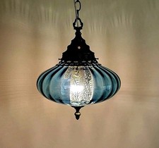 BLUE Vintage Glass Hanging Light Swag Lamp Retro Diffuser Saucer Mid Century picture