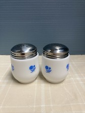 Vtg Hazel Atlas Milk Glass Salt & Pepper Shakers Blue Floral Pattern MCM picture