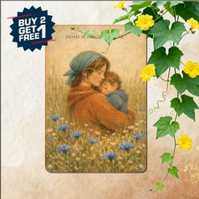 Mother And Child In Floral Meadow Sign Vintage Pastoral Fine Art Metal Plaque picture