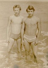 Shirtless Handsome young men couple bulge beach trunks gay vintage photo picture