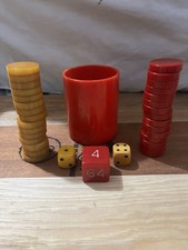 Vtg Beautiful Bakelite Cherry π Swirl Butterscotch Chip, Cup, Dice Set picture