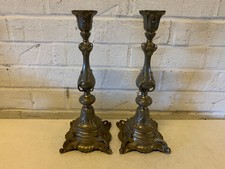 Antique Pair of Pewter or Tin Stylized Candle Sticks / Candle Holders picture