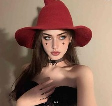 Adorable Modern Witch Hat In Red Knitted Witch Hat Pointed Wizard Cap Halloween picture