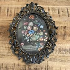 Vintage Floral Print Convex Glass Oval Ornate Metal Frame - Made In Italy picture