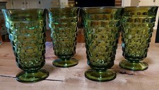 (4) Indiana Glass Whitehall Colony avocado green cubist footed 12oz glasses picture