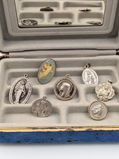 Lot of 7 Vintage Religious Medals Saint Christopher Mary Catholic Italy + Case picture