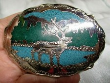 HEAVY Well Made DEER with LAKE & Mountains Indian Head on back Belt Buckle picture