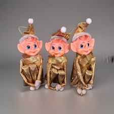 Lot of 3 Vintage Japan Knee Hugger Pixie Elf Ornaments Mid Century Gold Lame picture