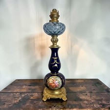 Antique French Sevres Style Cobalt Blue Porcelain Oil Lamp Gilt Bronze 23