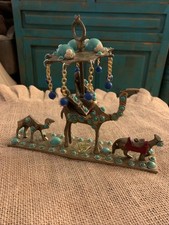 Vintage Solid Brass Caravan Camels Donkey Riders with Parasol picture