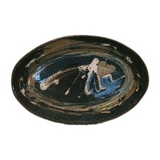 Oval Serving Platter Plate Abstract Dark Blue Multicolor Pottery Signed OOAK  picture