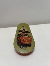 1940s T Cohn Tin Litho Halloween Witch Jack O’Lantern Working Ratchet Noisemaker picture