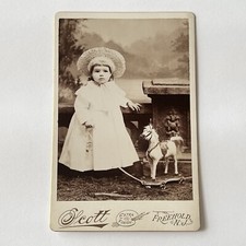 Antique Cabinet Card Photograph Adorable Sweet Girl Pull Horse Toy Freehold NJ picture