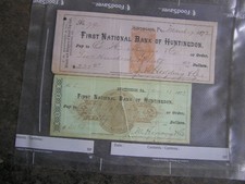 Two 1872 Huntingdon bank cancelled checks Broad Top Coal mining Co. related  picture