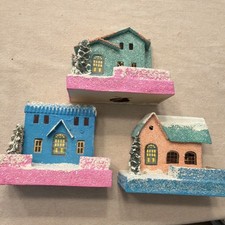 Lot of 3 Vintage Putz Houses Japan Christmas Village Cardboard Mica Trees 1950 picture