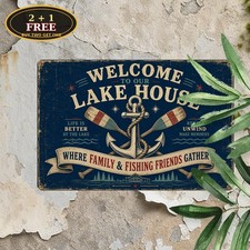 Charming Lakeside Cabin Welcome Summer Vacation Lake House Metal Sign picture