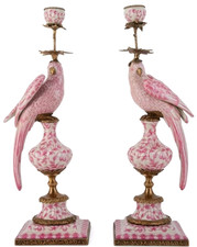 Porcelain Pink Floral Parrot Candlesticks Candle Holders W/ Bronze Ormolu 19”H picture