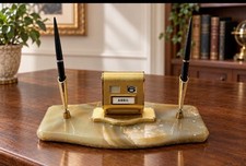 Vintage Onyx Desk Set Gold Tone Perpetual Calendar Dual Pen Holders Mid Century picture