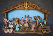 FABULOUS EARLY VINTAGE WORLD TOUR SOUVENIR ITALY 20-PC NATIVITY SET LARGE STABLE picture