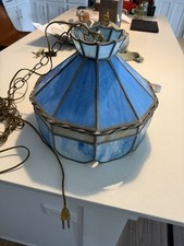 1970’s vintage blue-and-white slag/stained-glass hanging swag lamp picture
