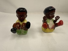 VINTAGE HAND PAINTED BLACK AMERICANA SALT & PEPPER SHAKERS KIDS BOY GIRL JAPAN picture