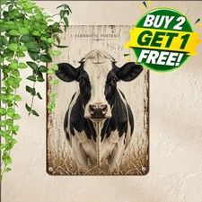 Black White Cow Front Facing Centered Portrait Farmhouse Metal Tin Decor Plaque picture
