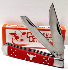 Cattleman's Brahma Bull Red Delrin Handles 2 Blade Trapper Pocket Knife EDC picture