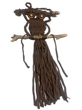 Vintage 1970s Macrame Owl Wall Hanging, Cholla Cactus Wood Perch, Mid-Century... picture