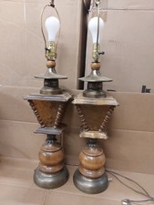 Pair Of Vintage Oak Table Lamp 1970s Mid Century Early American Amber Glass Wood picture