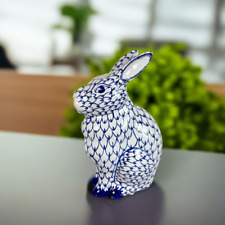 Blue and White Porcelain Fishnet Style Bunny Figurine picture