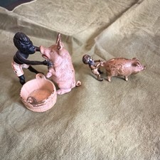 Antique Vienna Cold Painted Bronze Boy & Pig Figurines Pair, Washtub, Miniature picture