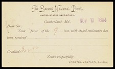 1894 Second National Bank Cumberland MD Victorian Typography Postal Card Receipt picture