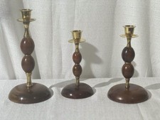 Vintage mid 20th century beautiful wood brass candle sticks made in Italy picture