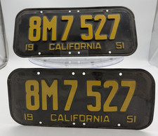 1951 California License Plates Matching Pair 8M7 527 Original Black Yellow YOM picture